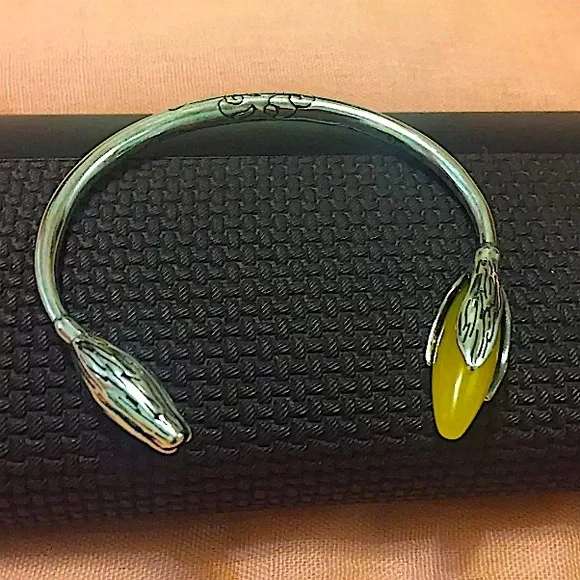 Handmade Jade Flower Sterling Silver Bangle Bracelet - Picture 9 of 11